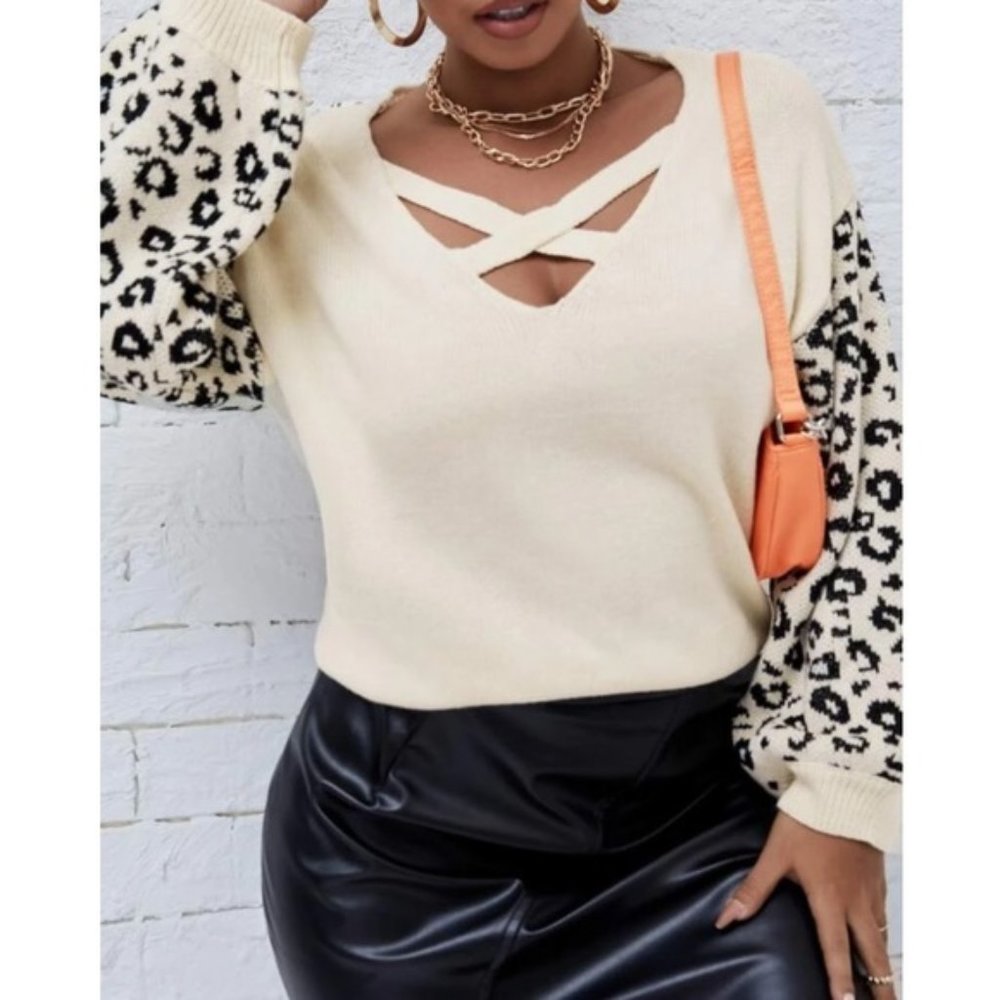Crisscross Leopard Print Sleeve Sweaters